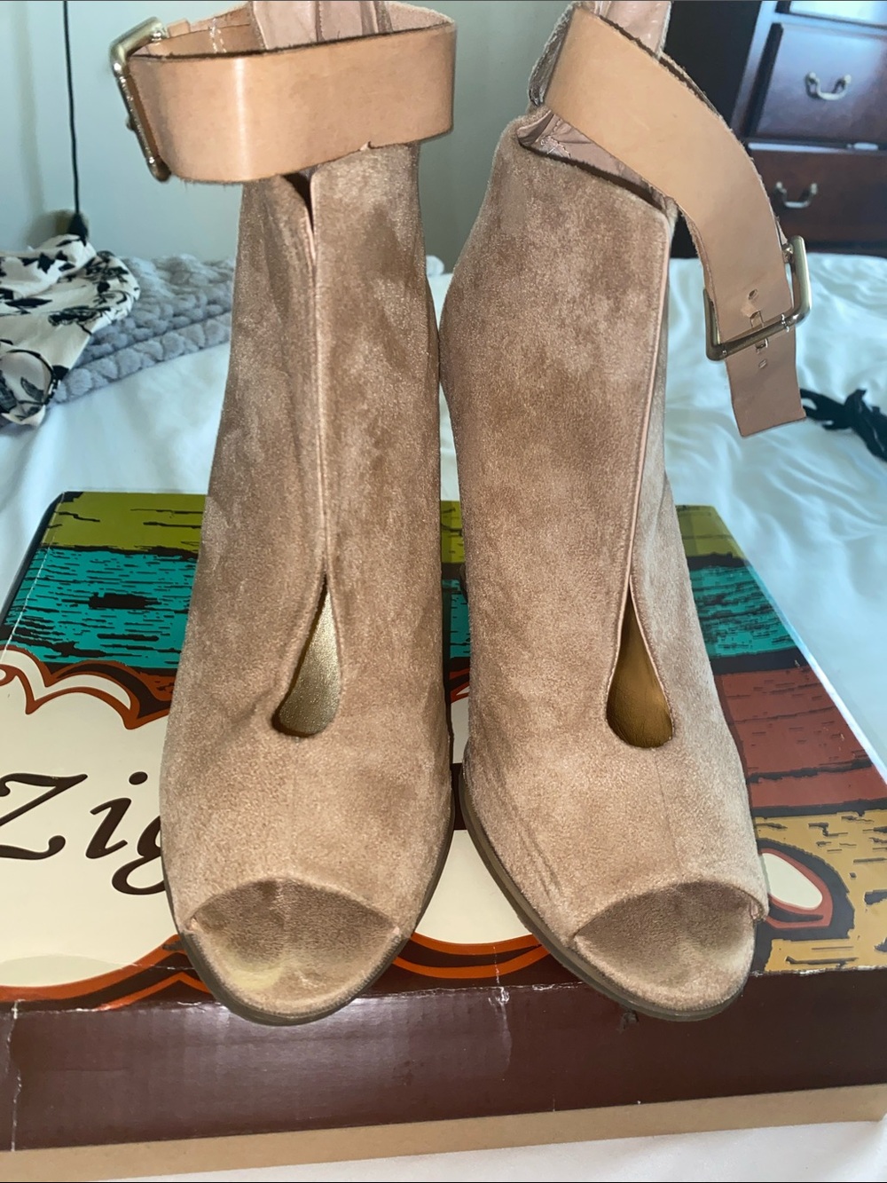Women’s Beige Suede Peep-Toe Ankle Booties with Ankle Strap